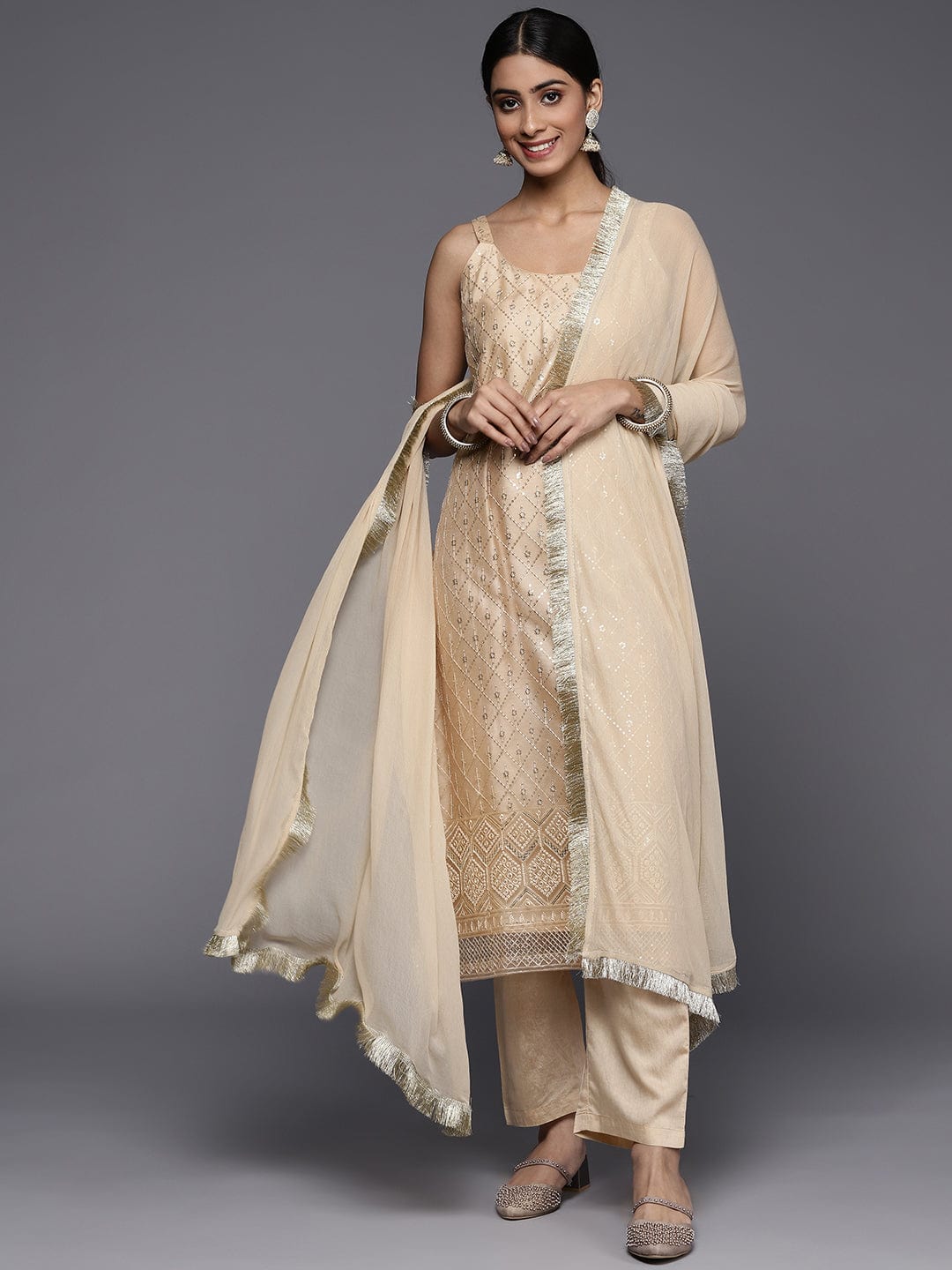 The Kurti Collection Cream Net Embroidered Kurta Paired With Tonal Bottom And Dupatta