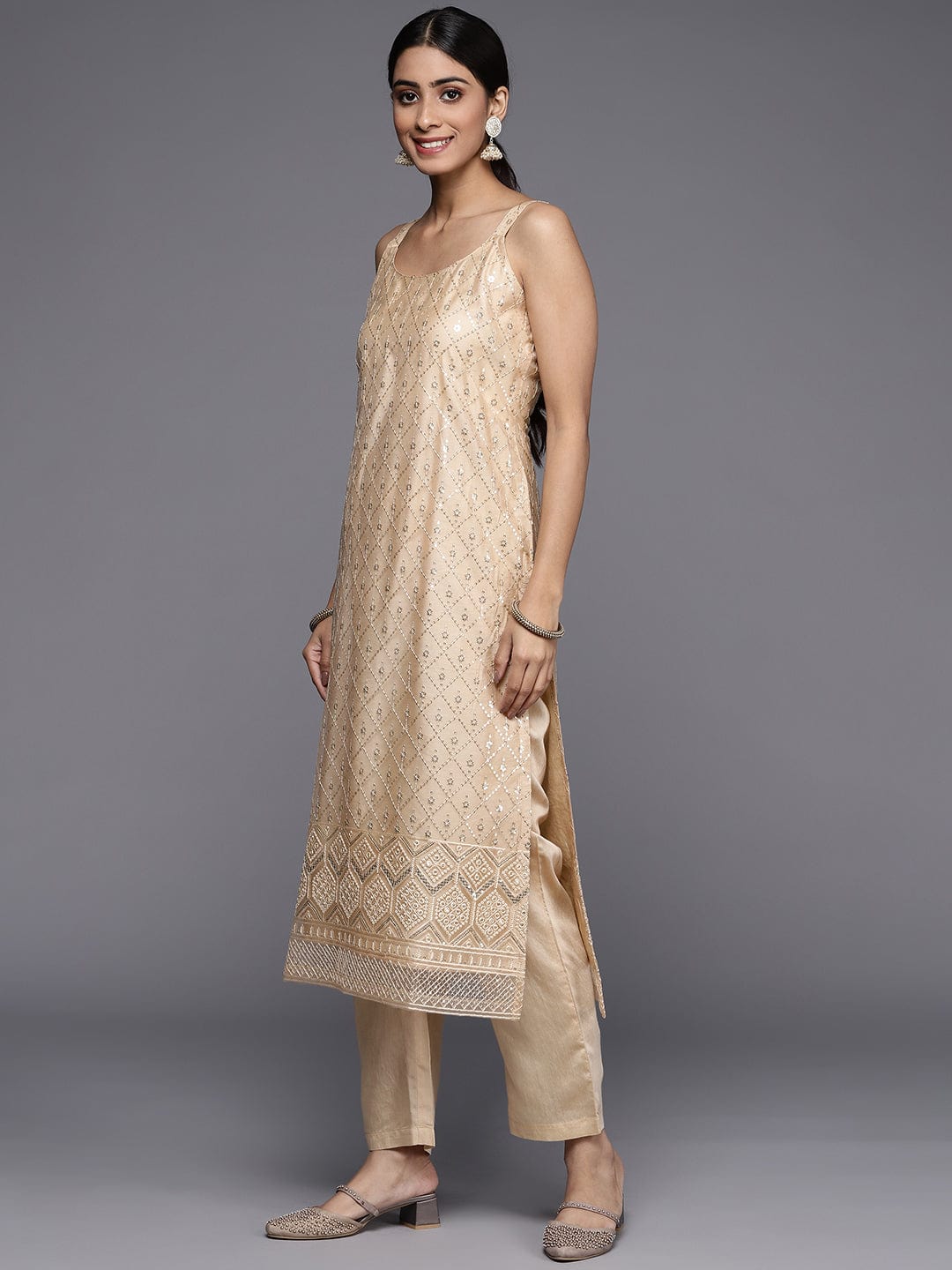 The Kurti Collection Cream Net Embroidered Kurta Paired With Tonal Bottom And Dupatta