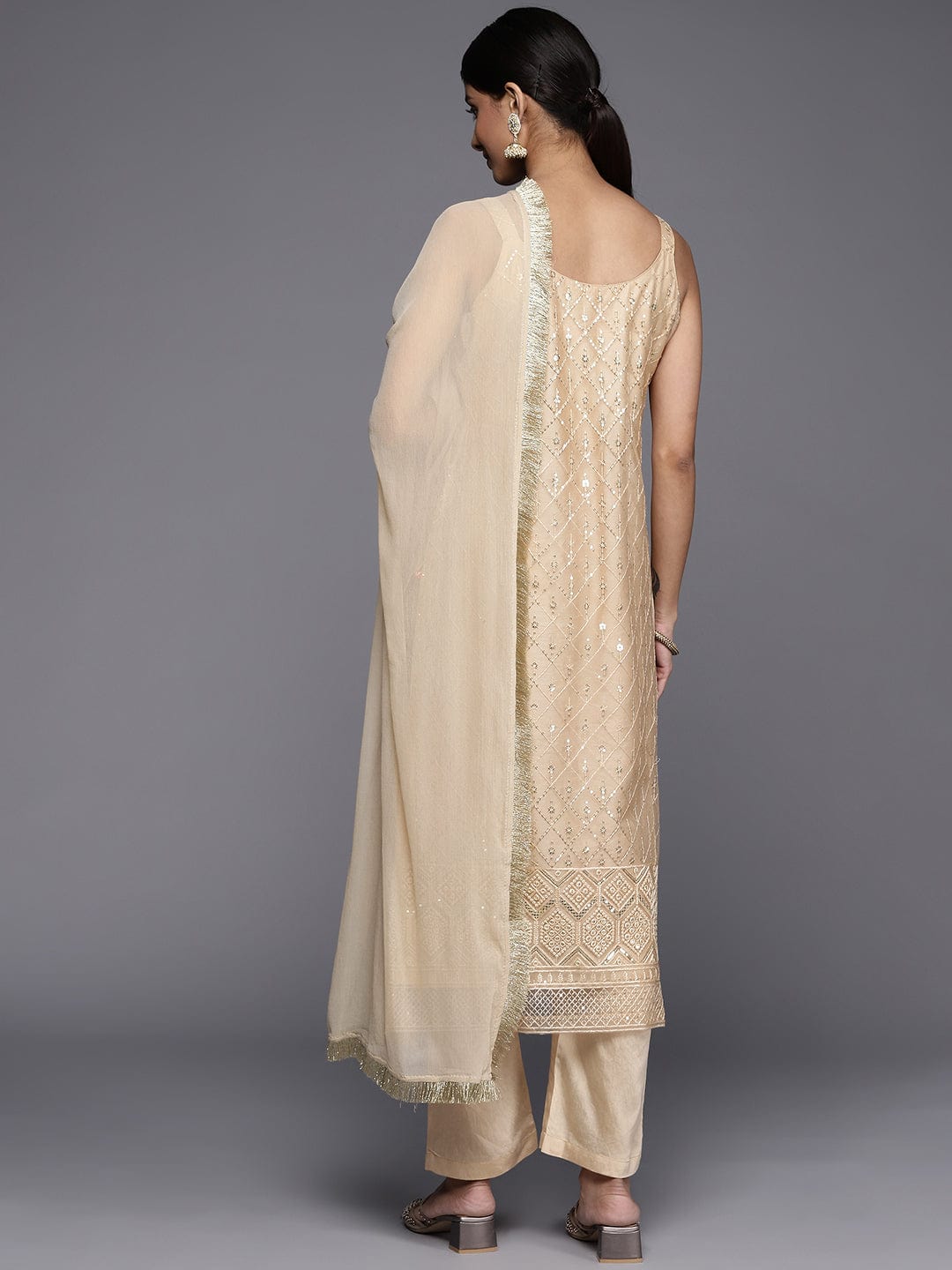 The Kurti Collection Cream Net Embroidered Kurta Paired With Tonal Bottom And Dupatta