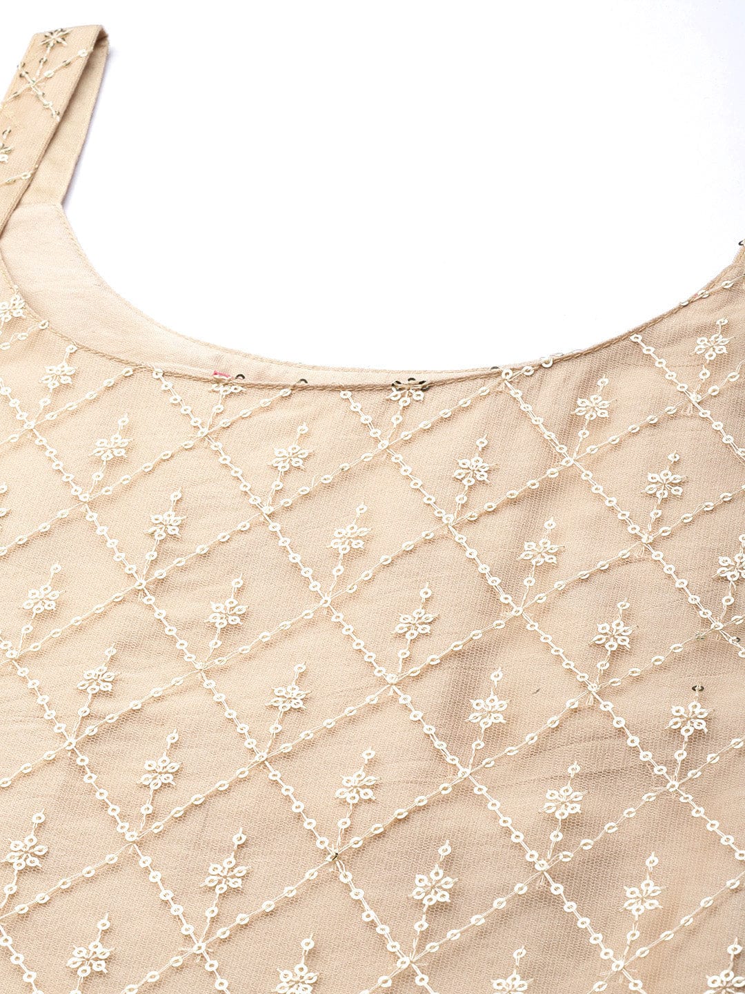 The Kurti Collection Cream Net Embroidered Kurta Paired With Tonal Bottom And Dupatta