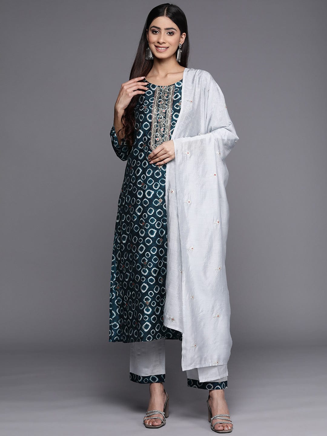 The Kurti Collection Women Blue Printed Kurta Paired With Contrast Bottom And Embroidered Dupatta