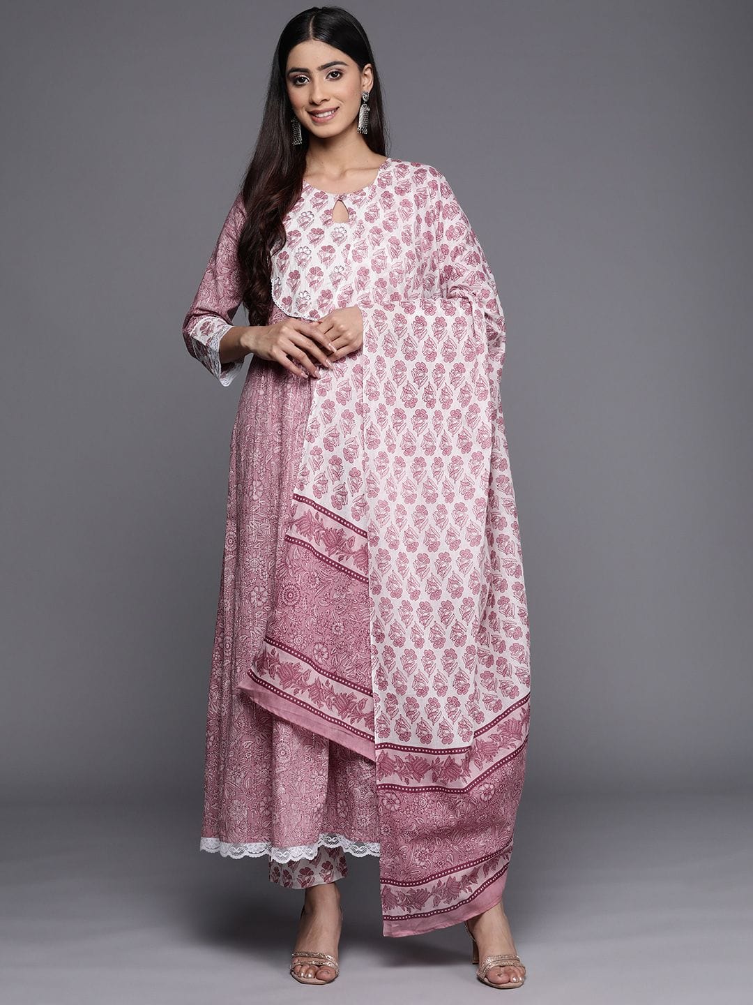 The Kurti Collection Women Mauve Printed A-Line Kurta Paired With Contrast Printed Bottom And Dupatta