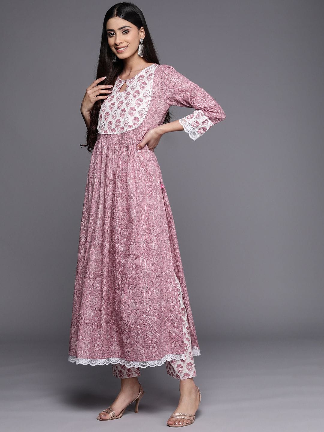 The Kurti Collection Women Mauve Printed A-Line Kurta Paired With Contrast Printed Bottom And Dupatta
