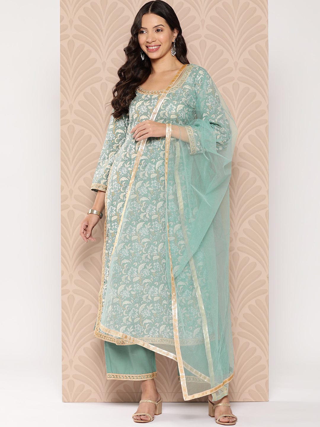 The Kurti Collection Women Printed Straight Kurta Paired With Tonal Solid Bottom And Solid Dupatta