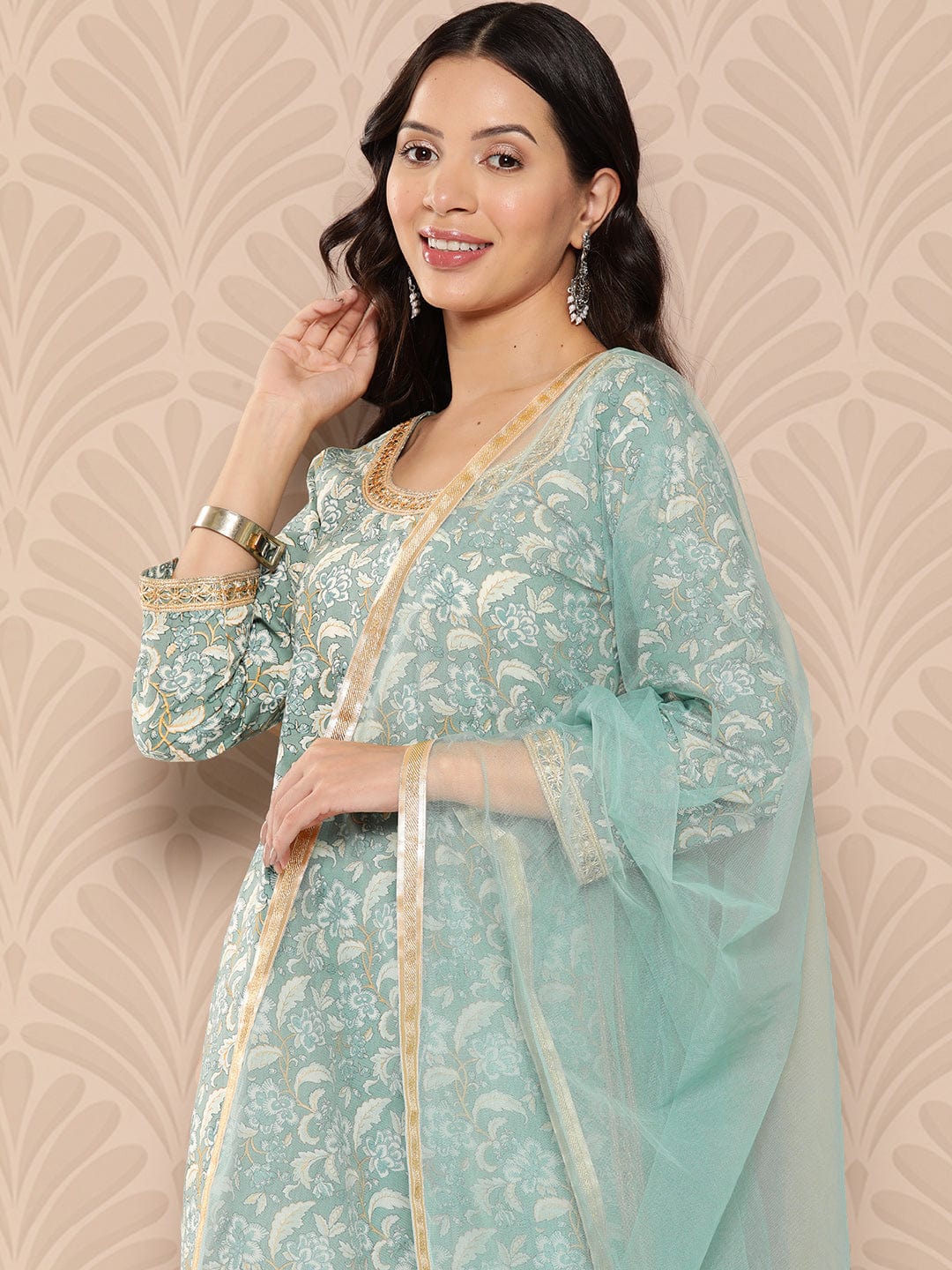 The Kurti Collection Women Printed Straight Kurta Paired With Tonal Solid Bottom And Solid Dupatta