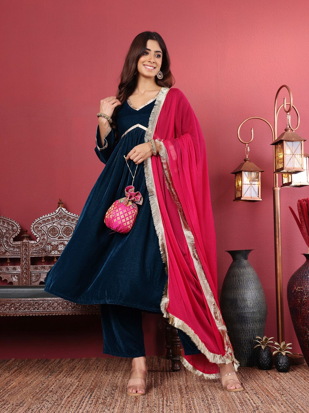 The Kurti Collection Women Blue V-Neck Gathered Details Flared Sleeves A-Line Kurta Paired with Bottom and Tonal Dupatta