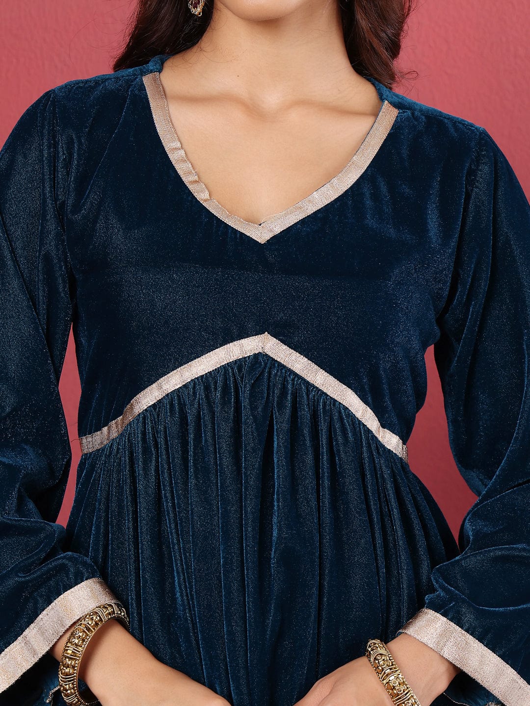 The Kurti Collection Women Blue V-Neck Gathered Details Flared Sleeves A-Line Kurta Paired with Bottom and Tonal Dupatta