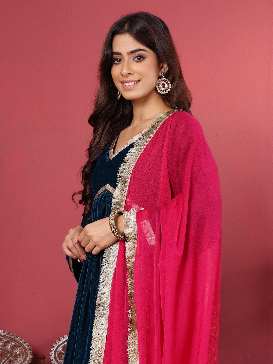 The Kurti Collection Women Blue V-Neck Gathered Details Flared Sleeves A-Line Kurta Paired with Bottom and Tonal Dupatta