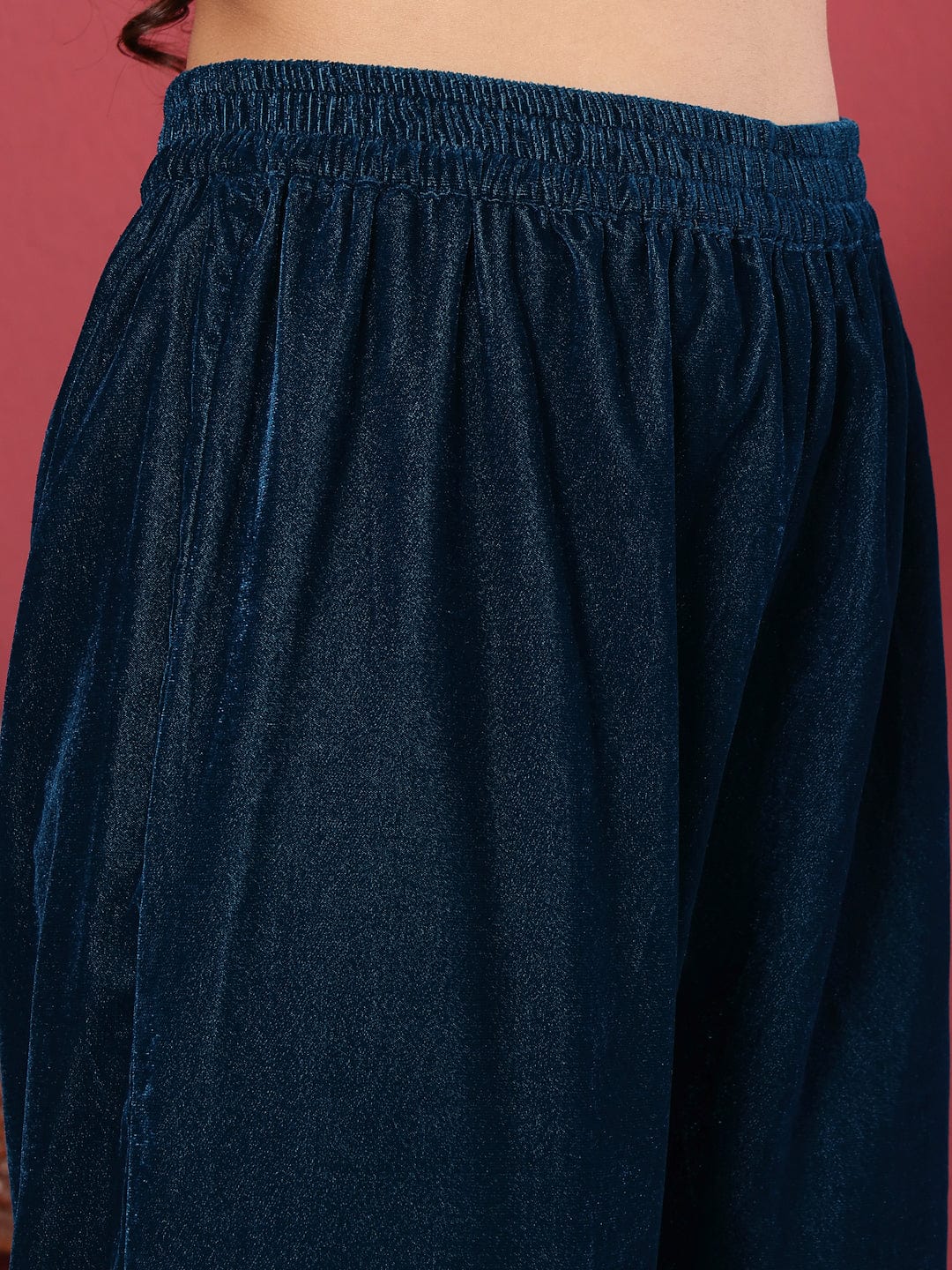 The Kurti Collection Women Blue V-Neck Gathered Details Flared Sleeves A-Line Kurta Paired with Bottom and Tonal Dupatta