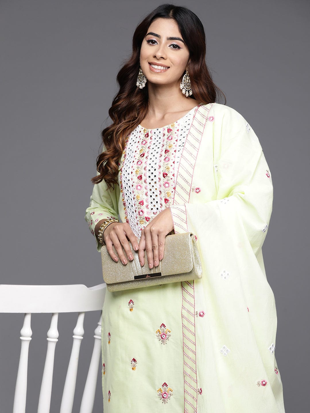 The Kurti Collection Women Green Thread And Mirror Embroidered Kurta With Tonal Bottom And Dupatta