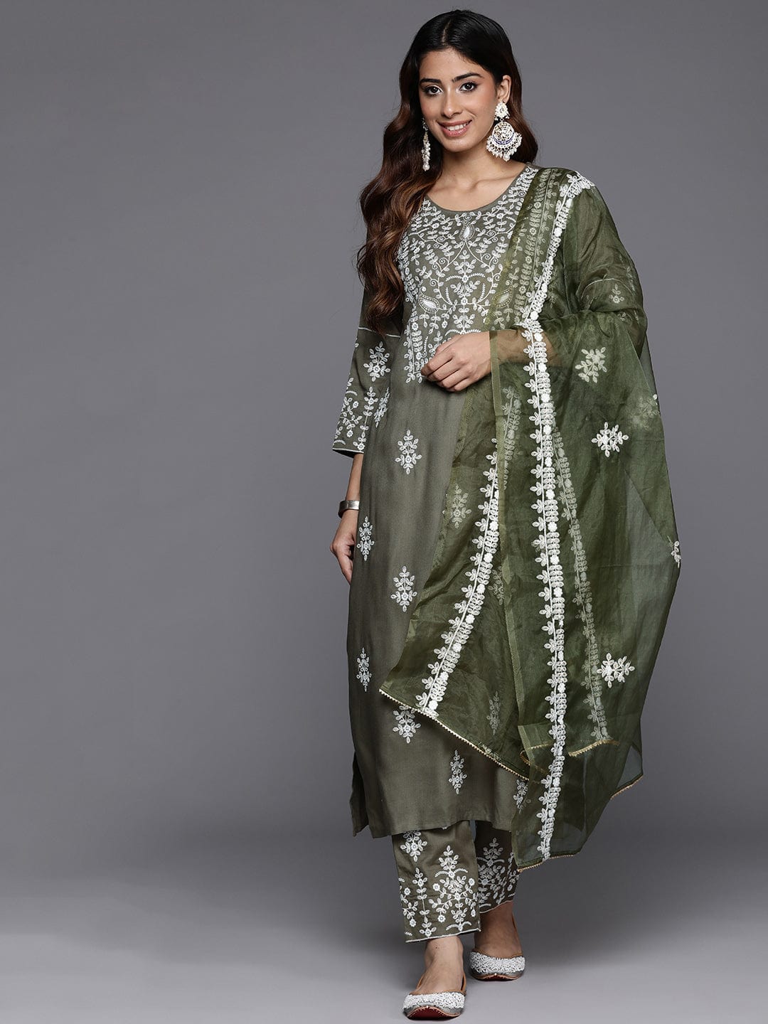 The Kurti Collection Women Olive Embroidered Kurta Paired With Tonal Trouser And Dupatta