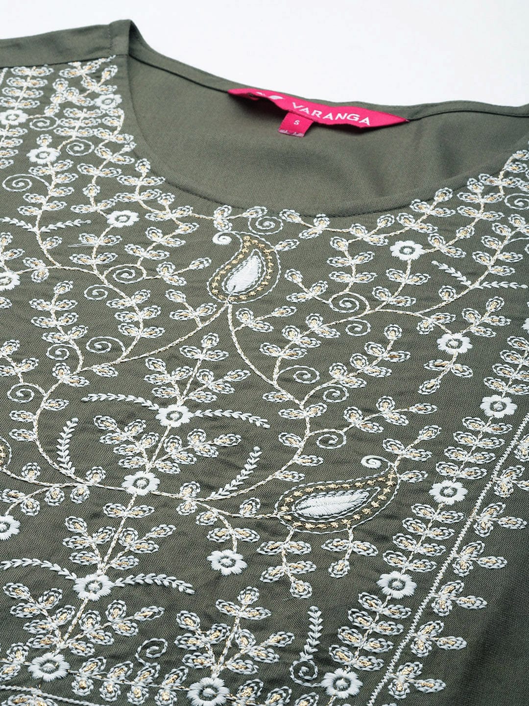 The Kurti Collection Women Olive Embroidered Kurta Paired With Tonal Trouser And Dupatta