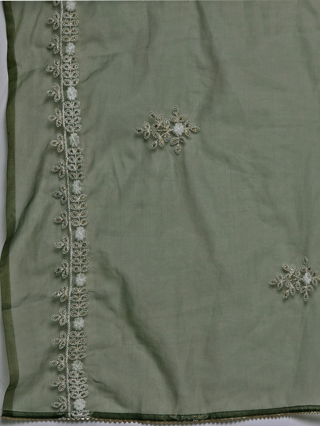 The Kurti Collection Women Olive Embroidered Kurta Paired With Tonal Trouser And Dupatta