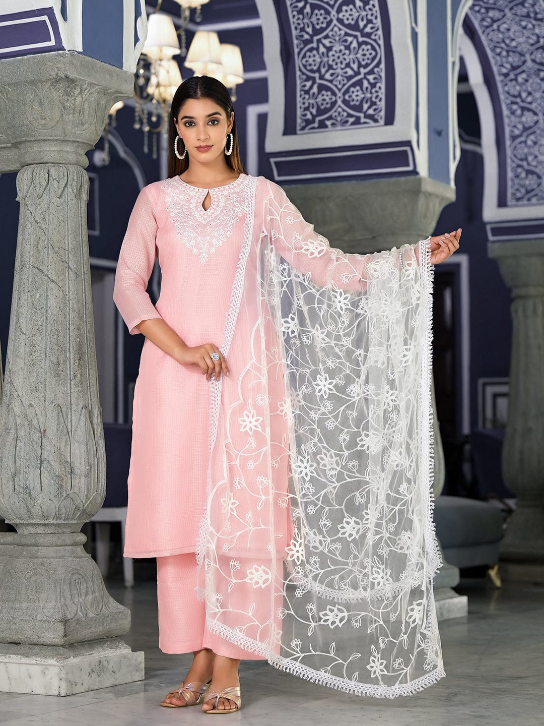 The Kurti Collection Women Pink Kota Check Thread Embroidered Kurta With Tonal Solid Bottom And Net Self Embroidered Dupatta