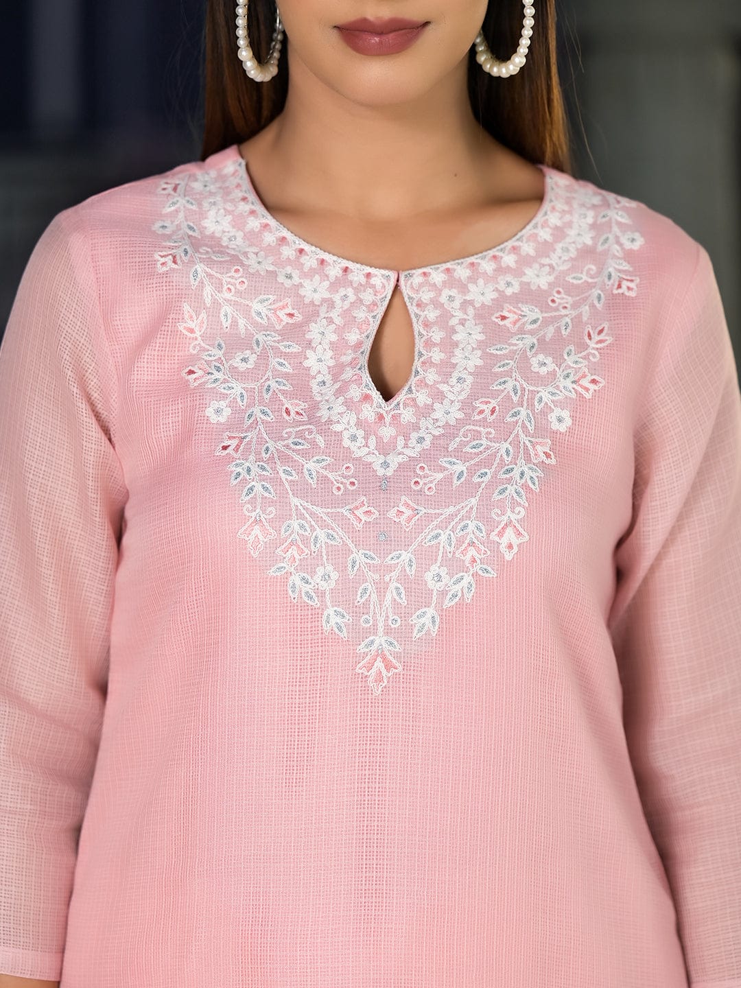 The Kurti Collection Women Pink Kota Check Thread Embroidered Kurta With Tonal Solid Bottom And Net Self Embroidered Dupatta
