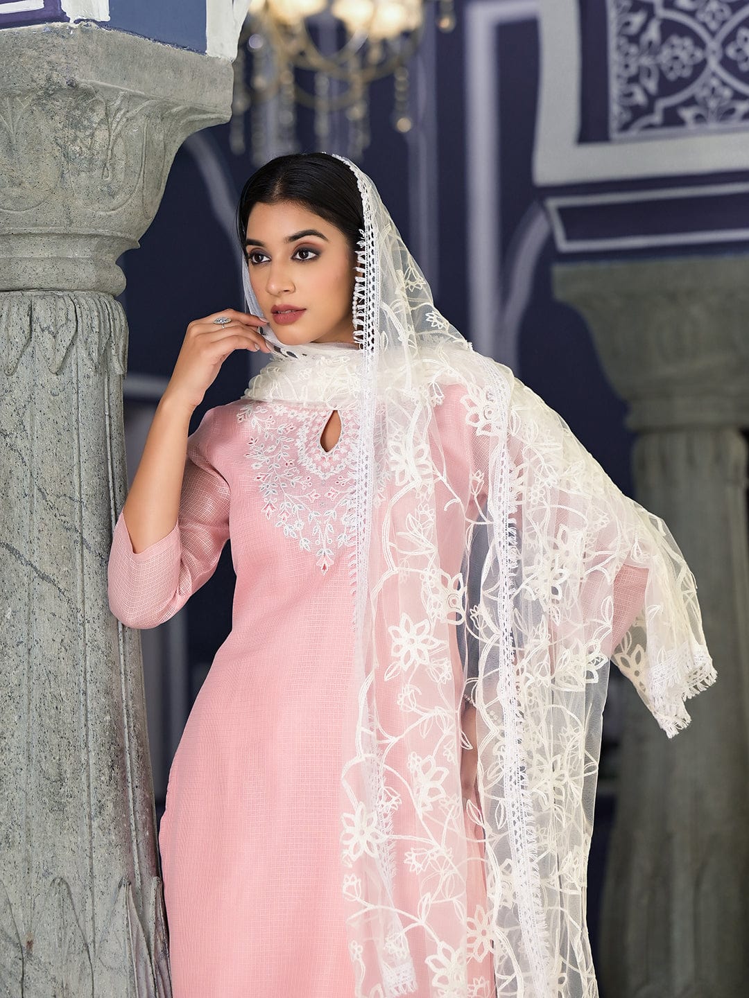 The Kurti Collection Women Pink Kota Check Thread Embroidered Kurta With Tonal Solid Bottom And Net Self Embroidered Dupatta