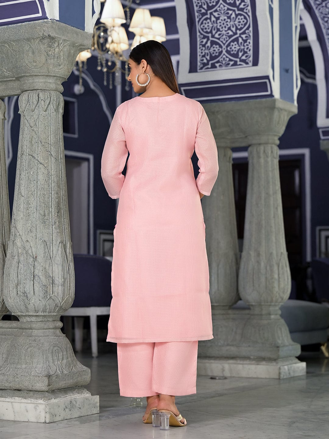 The Kurti Collection Women Pink Kota Check Thread Embroidered Kurta With Tonal Solid Bottom And Net Self Embroidered Dupatta