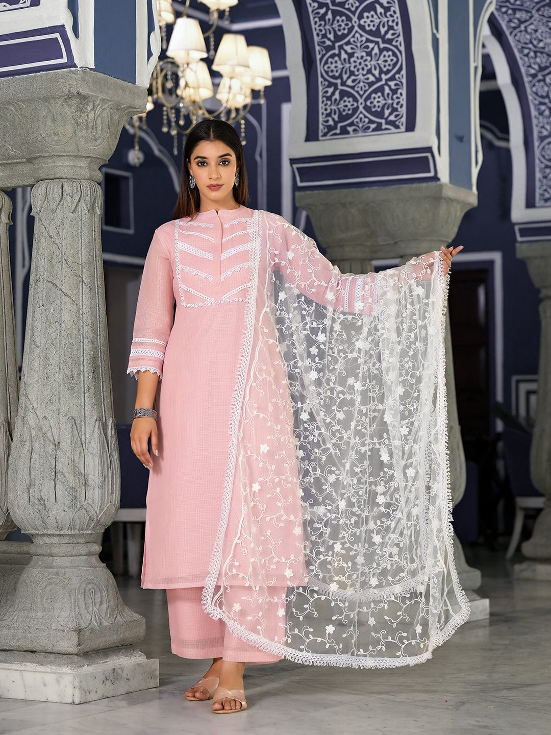 The Kurti Collection Women Pink Kota Check Cotton Lace Detailed Kurta Paired With Bottom And Dupatta