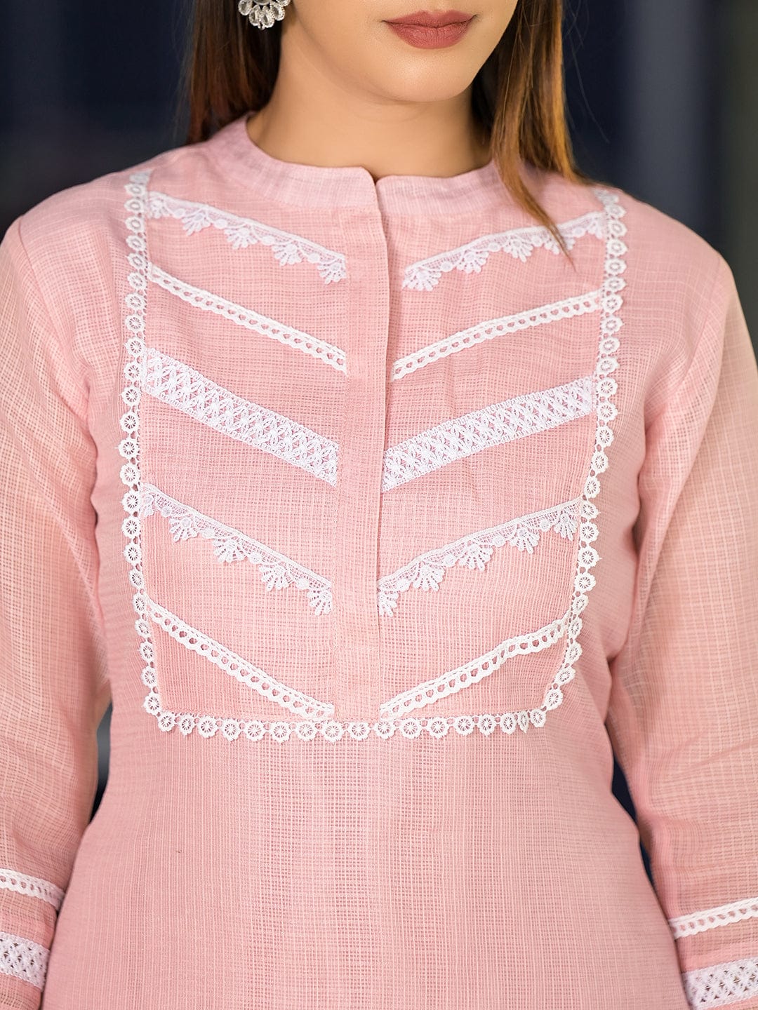The Kurti Collection Women Pink Kota Check Cotton Lace Detailed Kurta Paired With Bottom And Dupatta