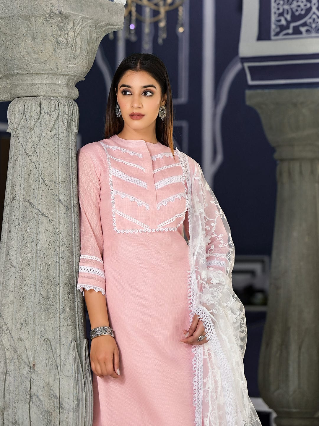 The Kurti Collection Women Pink Kota Check Cotton Lace Detailed Kurta Paired With Bottom And Dupatta