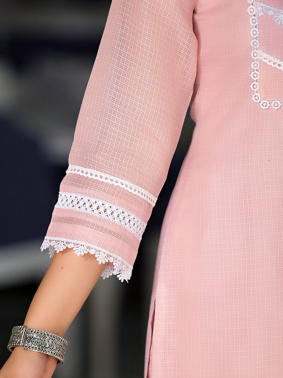 The Kurti Collection Women Pink Kota Check Cotton Lace Detailed Kurta Paired With Bottom And Dupatta
