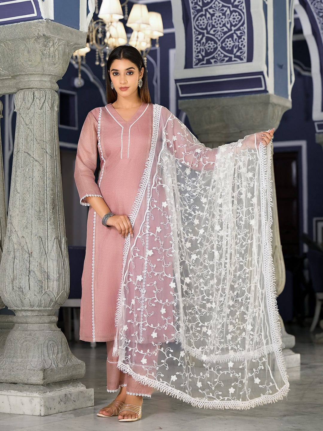 The Kurti Collection Women Mauve Kota Check Cotton Lace Kurta With Bottom And Dupatta