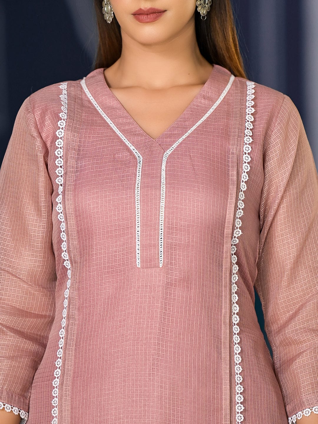 The Kurti Collection Women Mauve Kota Check Cotton Lace Kurta With Bottom And Dupatta