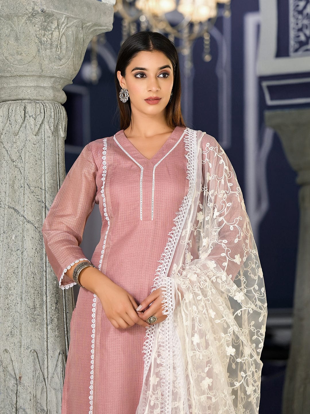 The Kurti Collection Women Mauve Kota Check Cotton Lace Kurta With Bottom And Dupatta