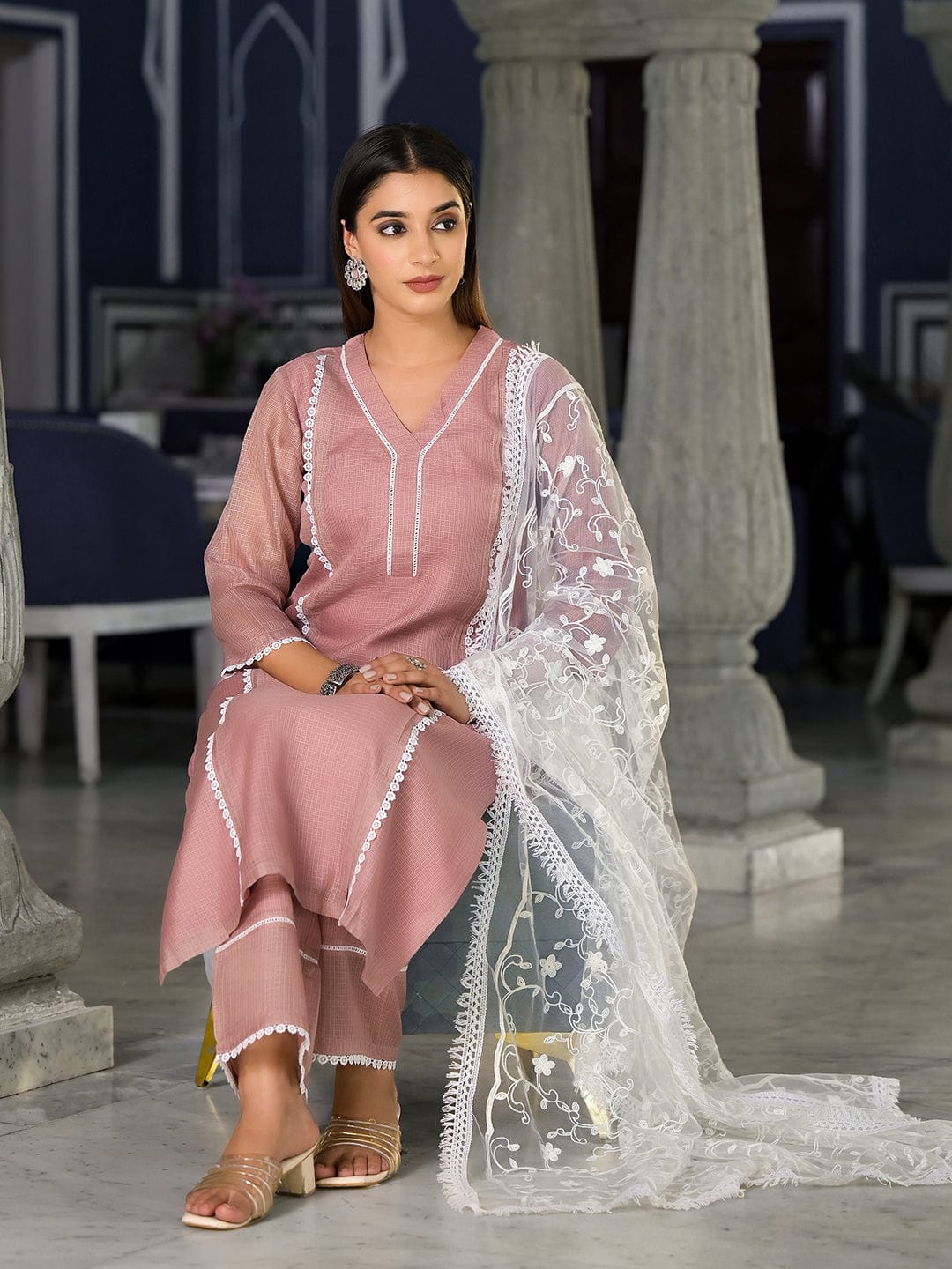The Kurti Collection Women Mauve Kota Check Cotton Lace Kurta With Bottom And Dupatta
