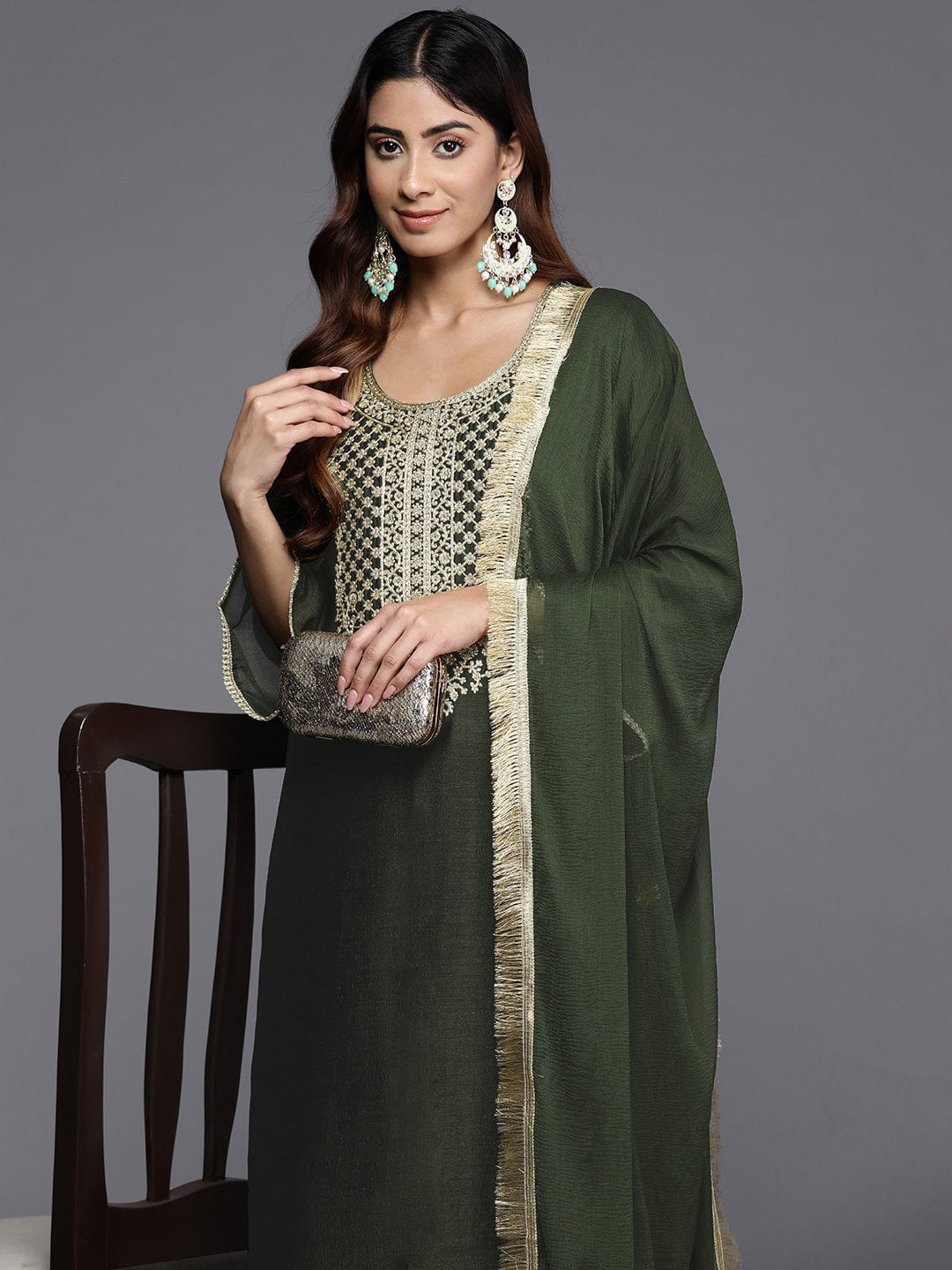 The Kurti Collection Women Olive Zari Embroidered Kurta With Bottom And Dupatta