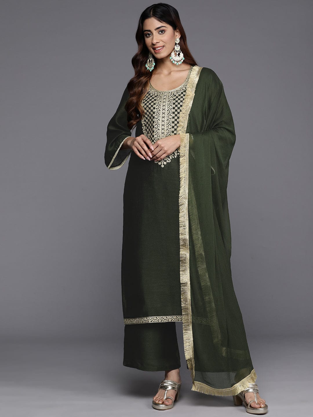 The Kurti Collection Women Olive Zari Embroidered Kurta With Bottom And Dupatta