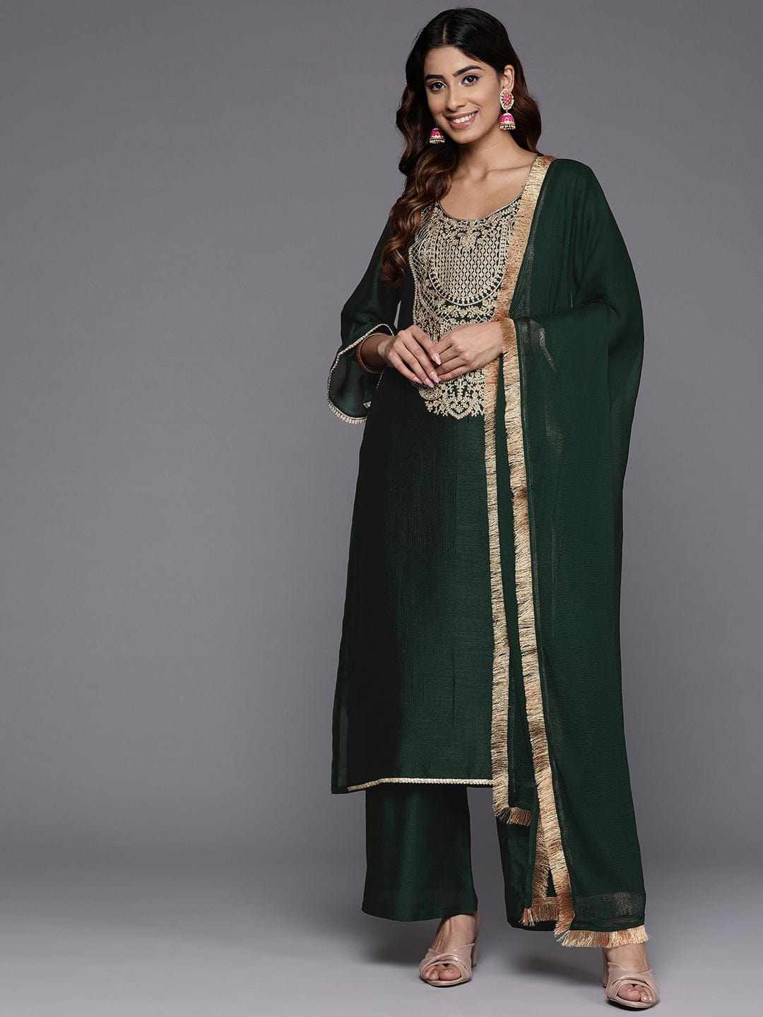 The Kurti Collection Women Green Heavy Zari Embroidered Kurta With Bottom And Dupatta