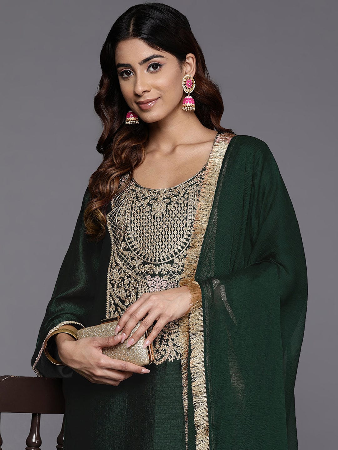 The Kurti Collection Women Green Heavy Zari Embroidered Kurta With Bottom And Dupatta