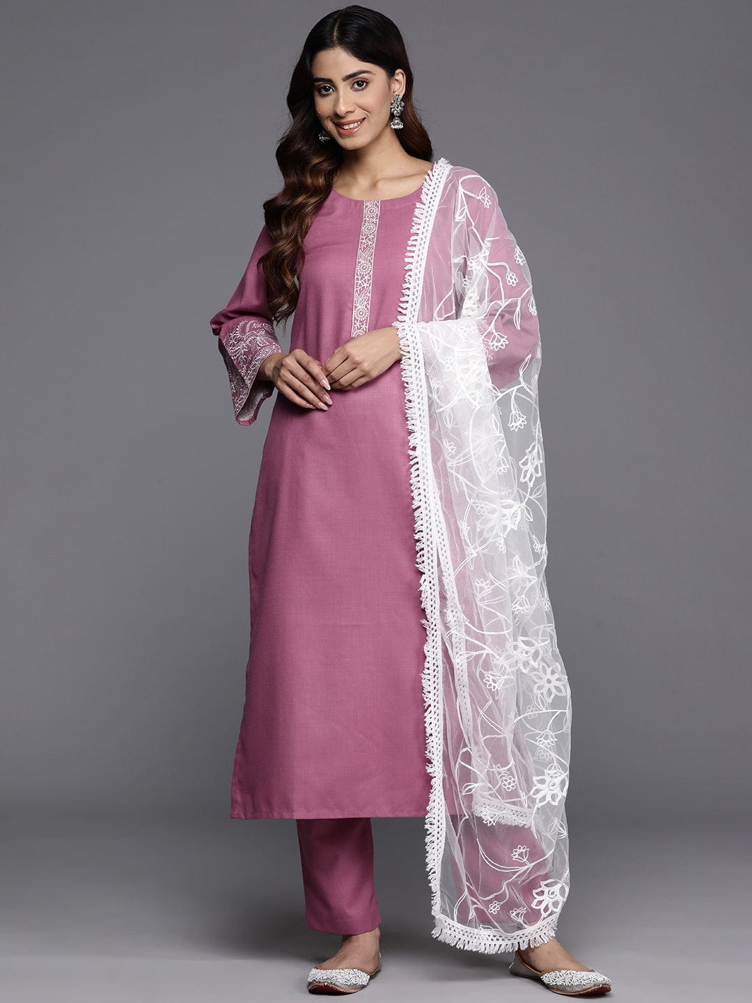 The Kurti Collection Women Mauve Embroidered Kurta With Paired Bottom And Dupatta