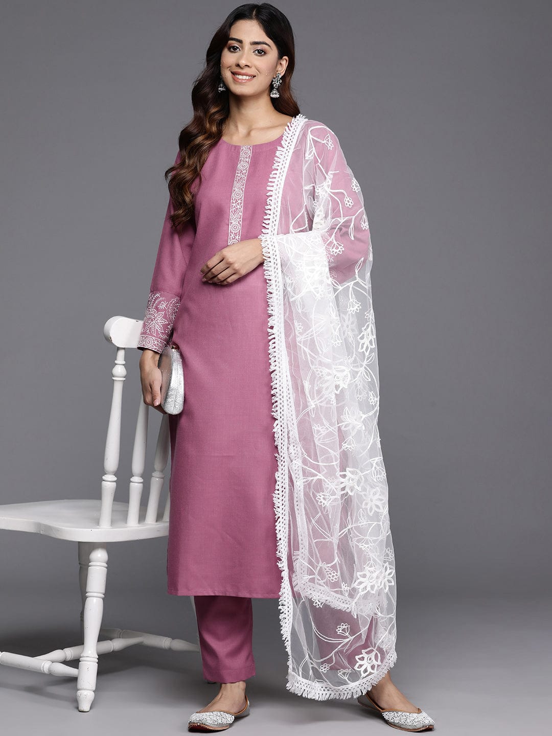 The Kurti Collection Women Mauve Embroidered Kurta With Paired Bottom And Dupatta