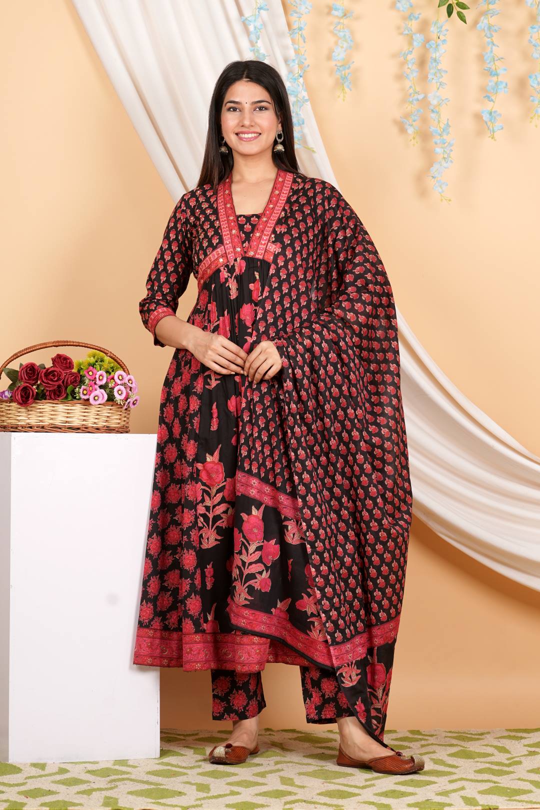 The Kurti Collection Women Floral Printed Embellished Panelled Anarkali Kurta Paired With Printed Bottom And Dupatta