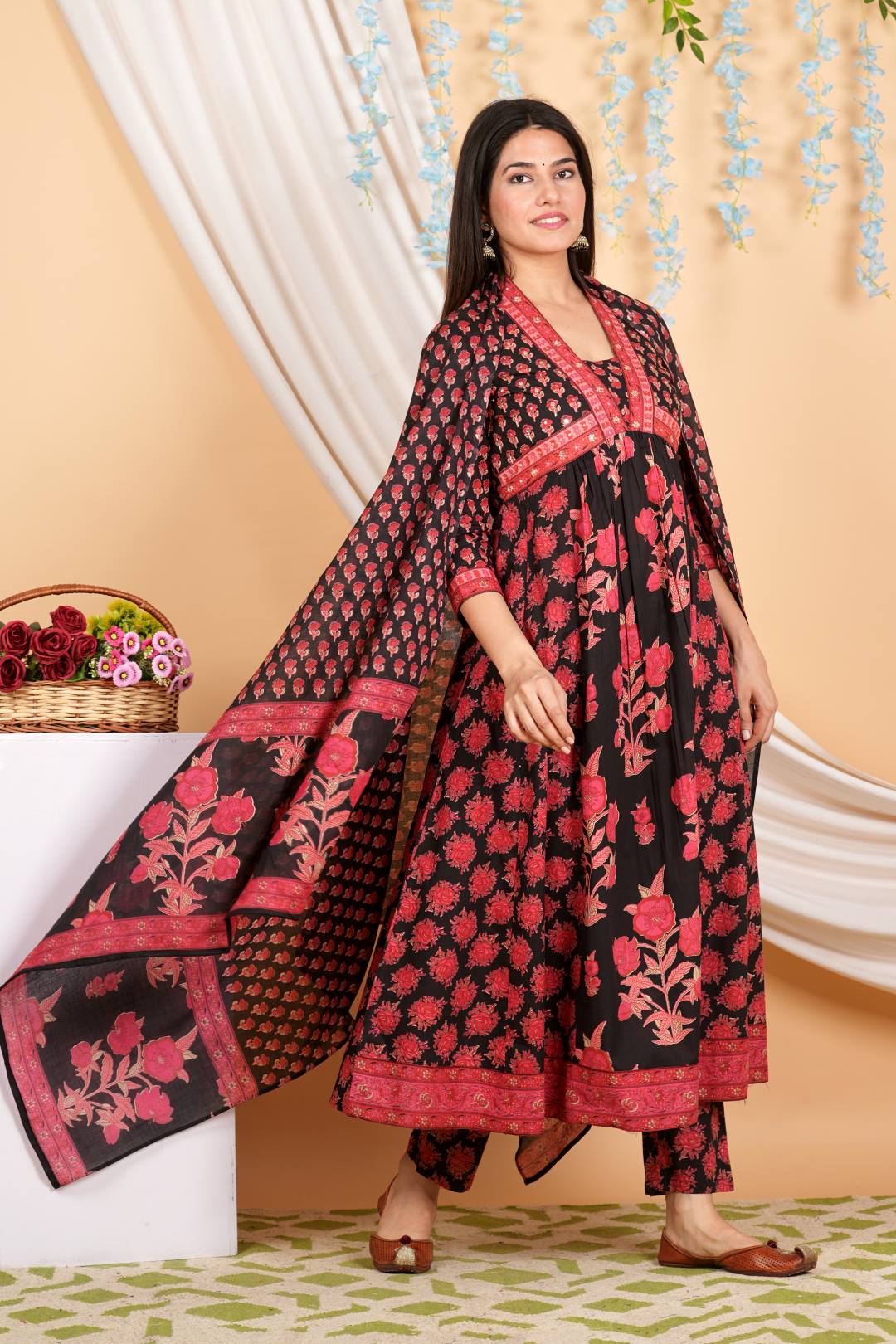 The Kurti Collection Women Floral Printed Embellished Panelled Anarkali Kurta Paired With Printed Bottom And Dupatta