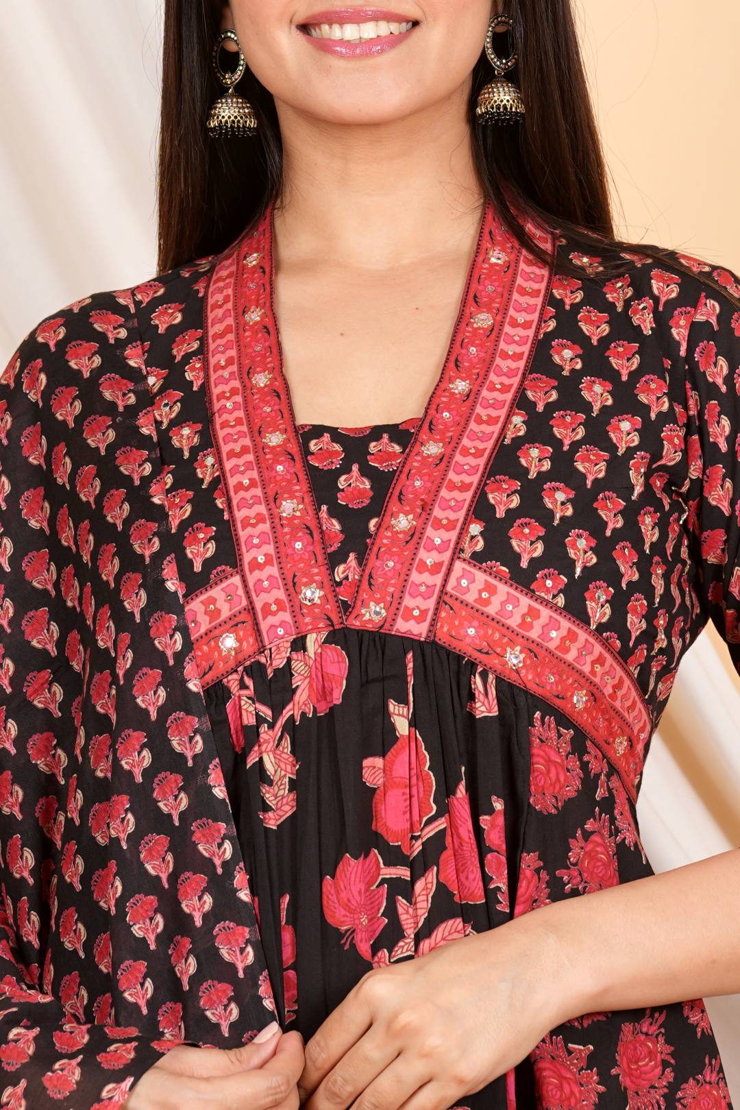 The Kurti Collection Women Floral Printed Embellished Panelled Anarkali Kurta Paired With Printed Bottom And Dupatta