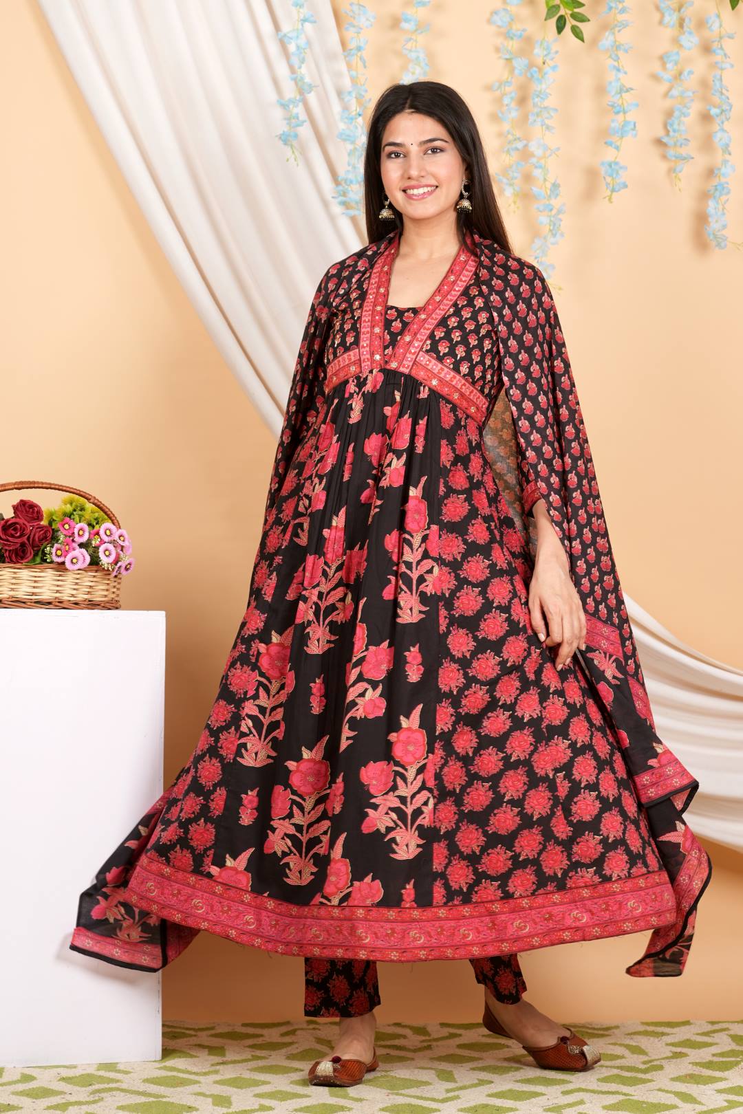 The Kurti Collection Women Floral Printed Embellished Panelled Anarkali Kurta Paired With Printed Bottom And Dupatta