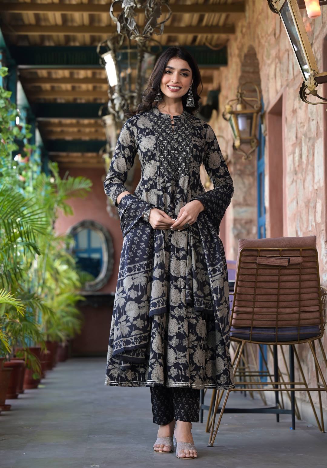The Kurti Collection Women Black Mandarin Collar Embellished Yoke Three-Quarter Sleeves Paired With Printed Bottom And Dupatta