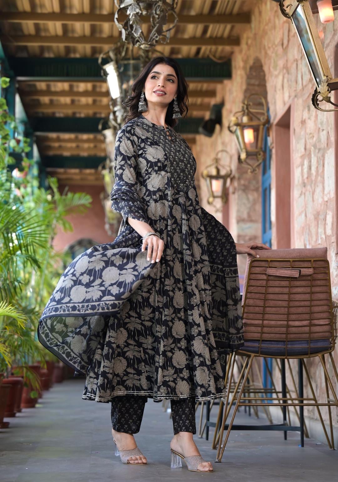 The Kurti Collection Women Black Mandarin Collar Embellished Yoke Three-Quarter Sleeves Paired With Printed Bottom And Dupatta