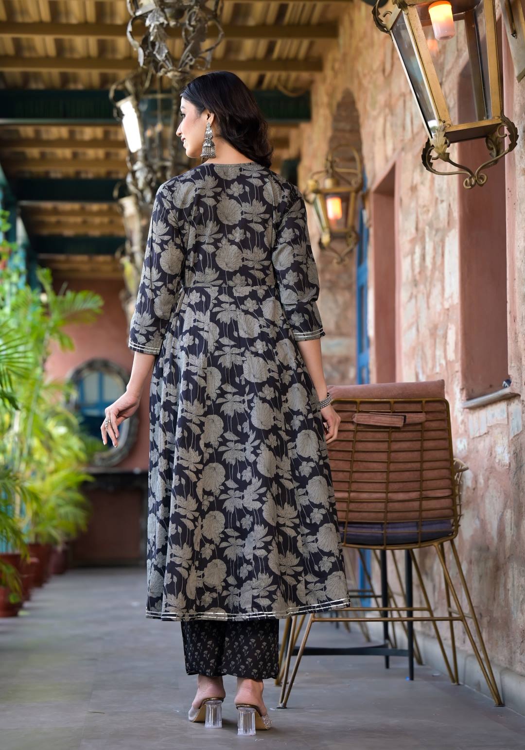 The Kurti Collection Women Black Mandarin Collar Embellished Yoke Three-Quarter Sleeves Paired With Printed Bottom And Dupatta