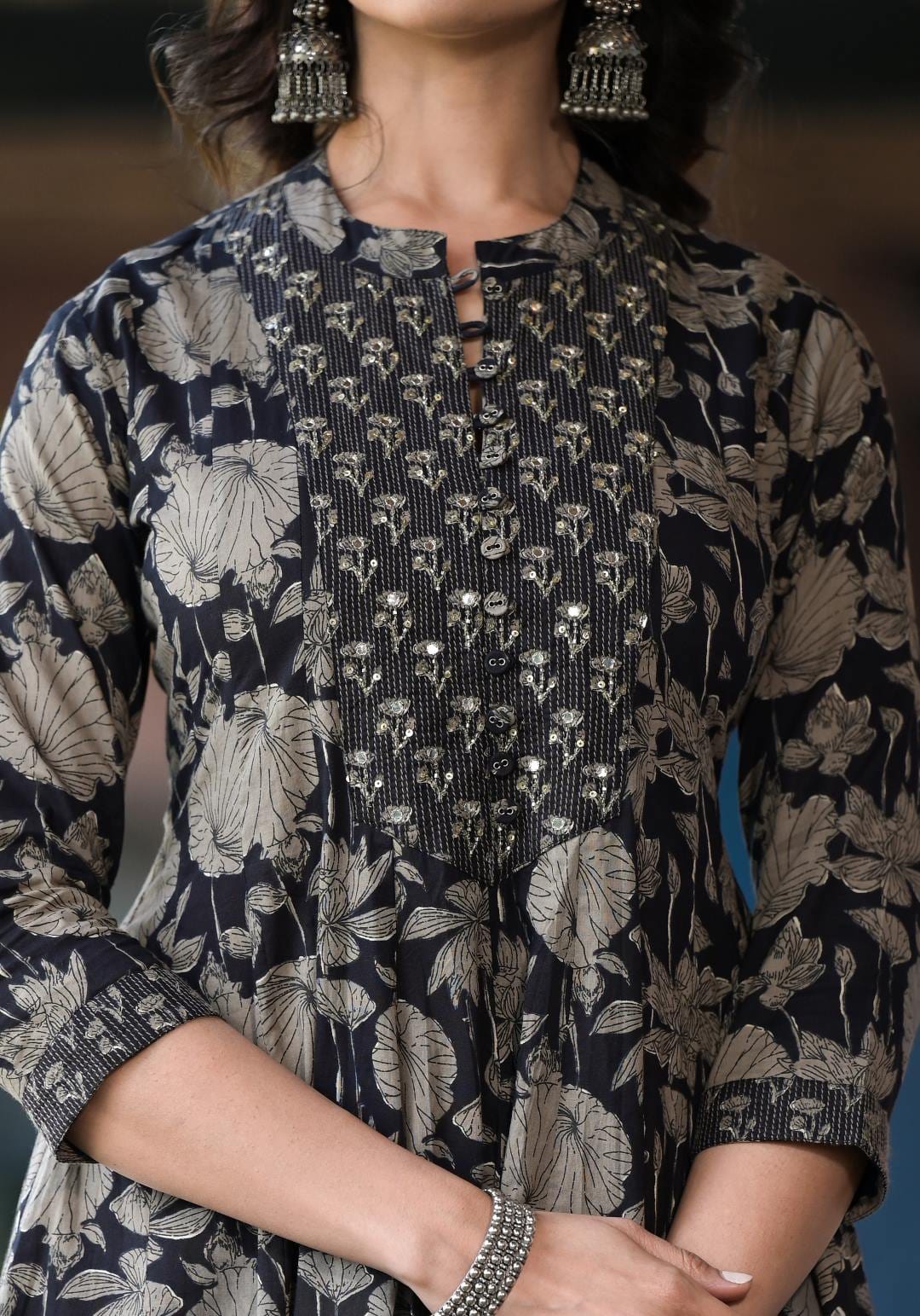 The Kurti Collection Women Black Mandarin Collar Embellished Yoke Three-Quarter Sleeves Paired With Printed Bottom And Dupatta