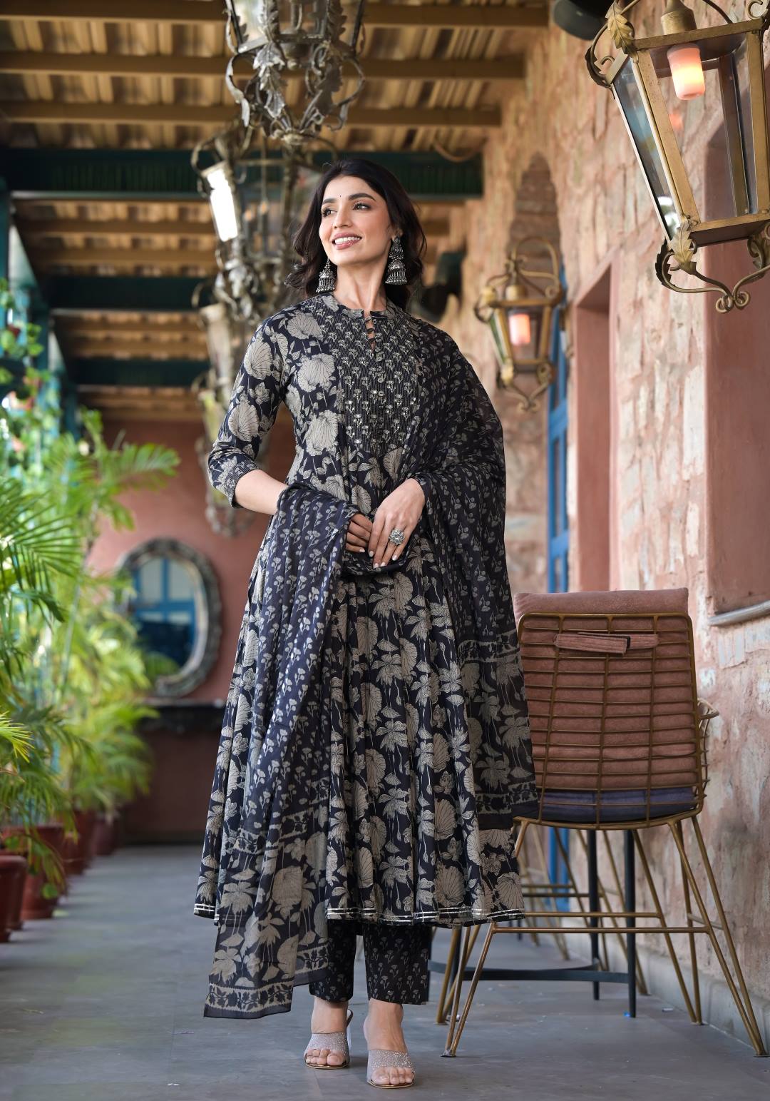 The Kurti Collection Women Black Mandarin Collar Embellished Yoke Three-Quarter Sleeves Paired With Printed Bottom And Dupatta