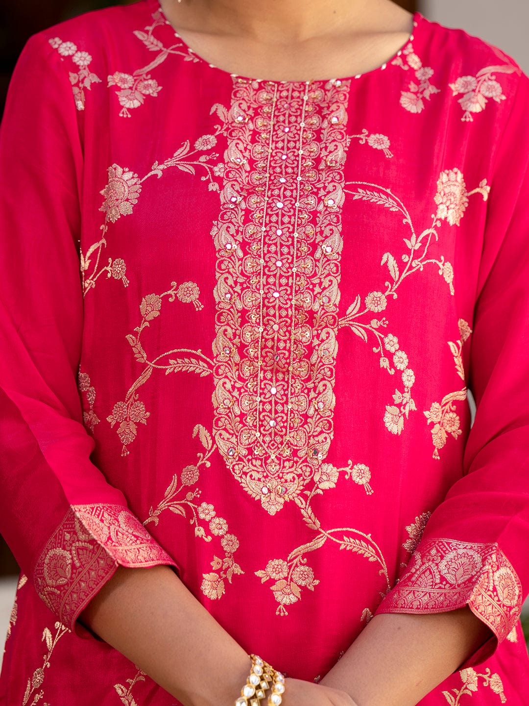 The Kurti Collection Women Round Neck Woven Design Kurta Paired With Bottom And Dupatta