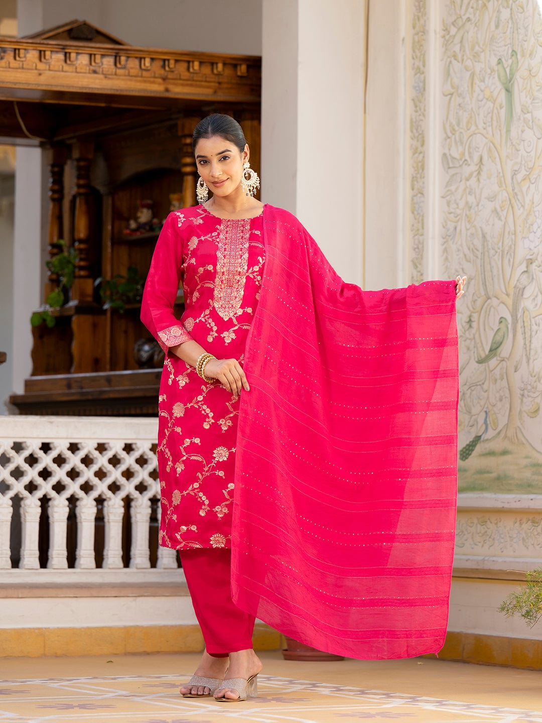 The Kurti Collection Women Round Neck Woven Design Kurta Paired With Bottom And Dupatta