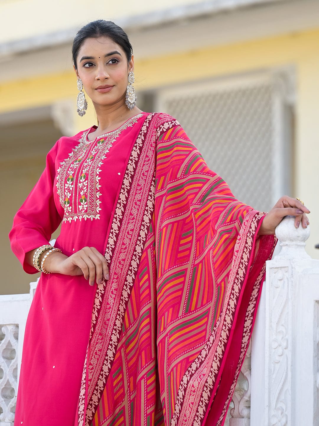 The Kurti Collection Women Round Neck Gotta Patti Embroidered Kurta Paired With Bottom And Printed Dupatta