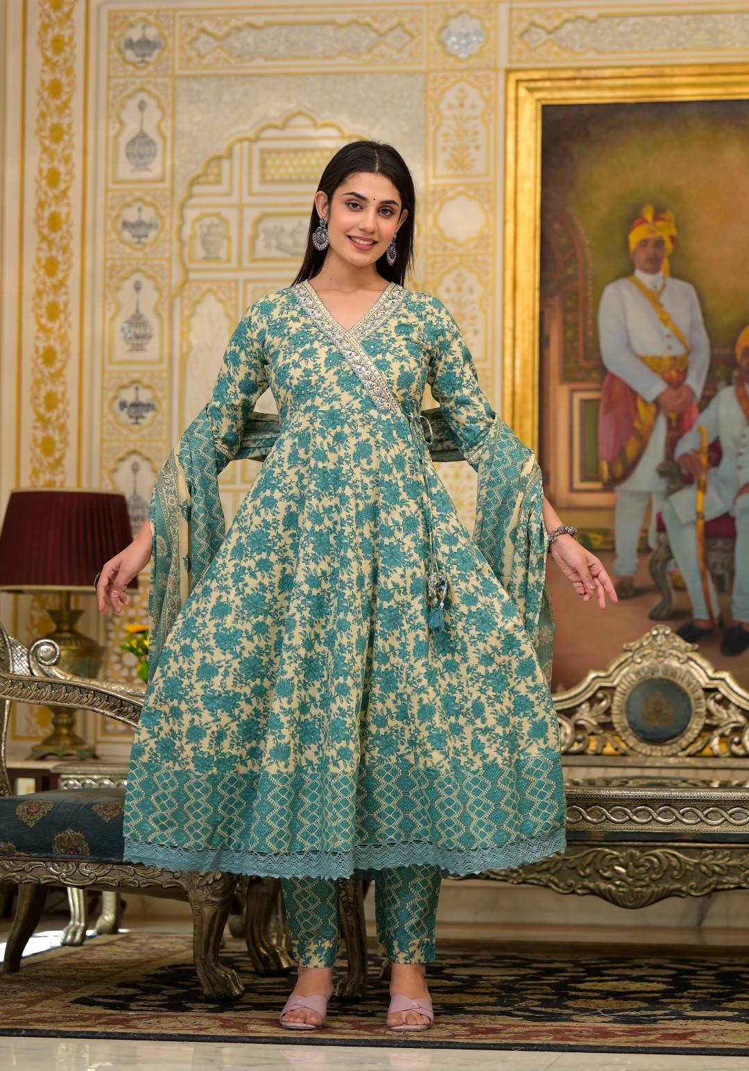The Kurti Collection Women Floral Printed V-Neck Mirror Embellished Angrakha Anarkali Kurta Paired With Printed Bottom And Dupatta