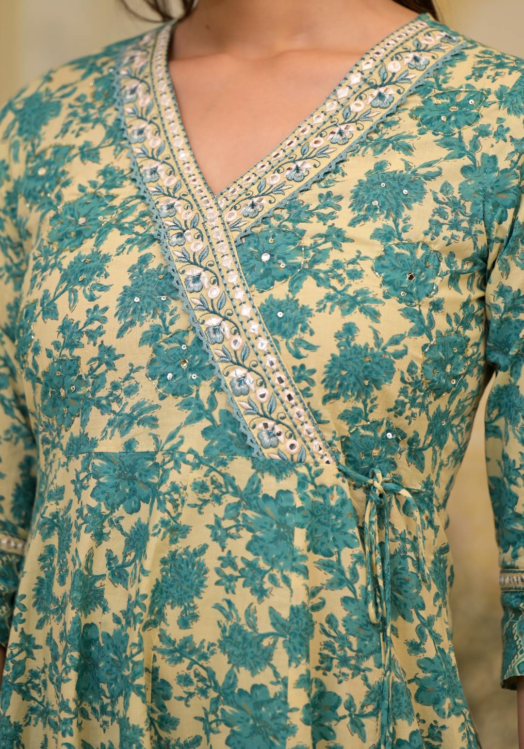 The Kurti Collection Women Floral Printed V-Neck Mirror Embellished Angrakha Anarkali Kurta Paired With Printed Bottom And Dupatta