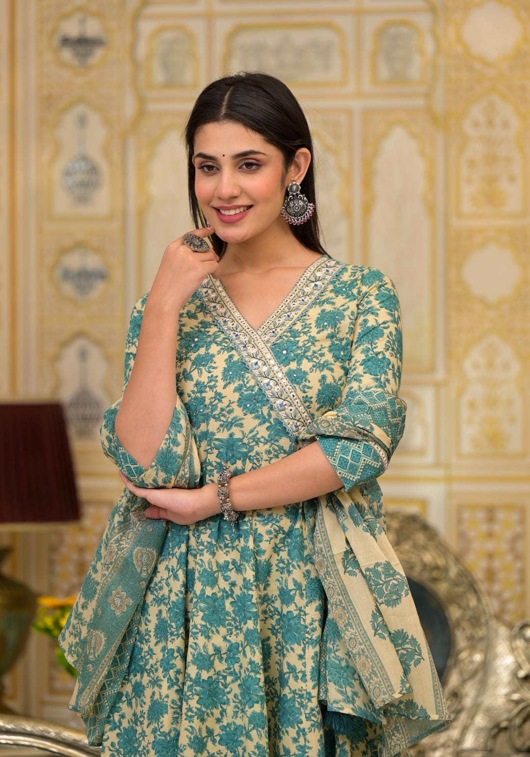 The Kurti Collection Women Floral Printed V-Neck Mirror Embellished Angrakha Anarkali Kurta Paired With Printed Bottom And Dupatta